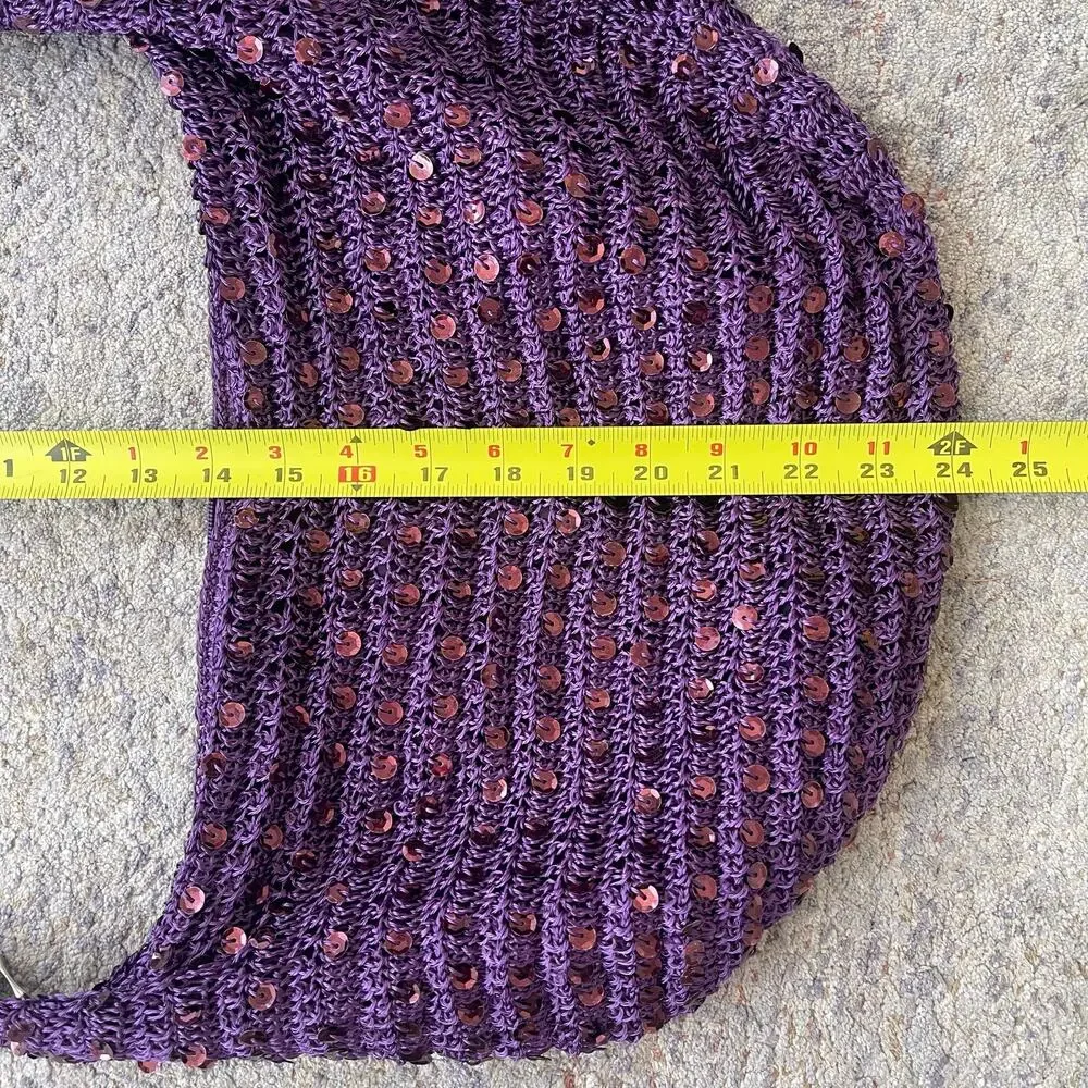 Purple Crochet Sequin Knit Hobo Shoulder Bag Slouchy Boho Handbag Zip Festival